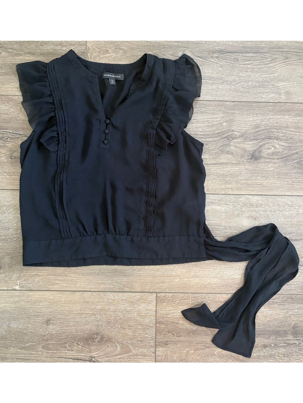 Banana Republic Black Ruffle Peplum Blouse Flutter Sleeve Tie Waist Top S petite